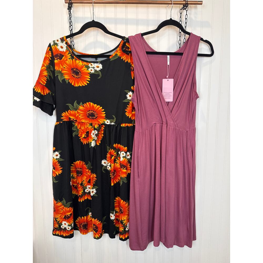 Tralibee Black & Orange Floral Dress & Cathy Sleeveless Midi Dress Bundle Size L